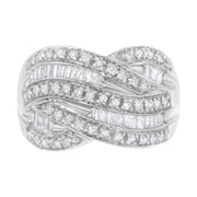 Bids.com .925 Sterling Silver 1.0 Cttw Channel Set Alternating Round and Baguette Diamond Cross-over Bypass Ring Band (I-J Color, I2-I3 Clarity) - Size 7 Rings