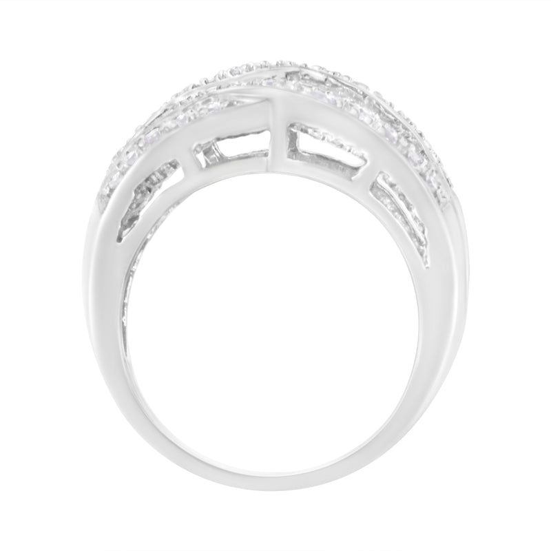 Bids.com .925 Sterling Silver 1.0 Cttw Channel Set Alternating Round and Baguette Diamond Cross-over Bypass Ring Band (I-J Color, I2-I3 Clarity) - Size 7 Rings