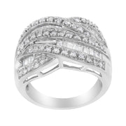 Bids.com .925 Sterling Silver 1.0 Cttw Channel Set Alternating Round and Baguette Diamond Cross-over Bypass Ring Band (I-J Color, I2-I3 Clarity) - Size 7 Rings