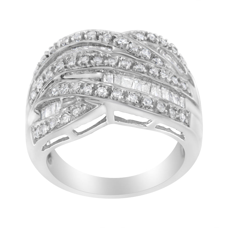Bids.com .925 Sterling Silver 1.0 Cttw Channel Set Alternating Round and Baguette Diamond Cross-over Bypass Ring Band (I-J Color, I2-I3 Clarity) - Size 7 Rings