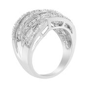Bids.com .925 Sterling Silver 1.0 Cttw Channel Set Alternating Round and Baguette Diamond Cross-over Bypass Ring Band (I-J Color, I2-I3 Clarity) - Size 7 Rings