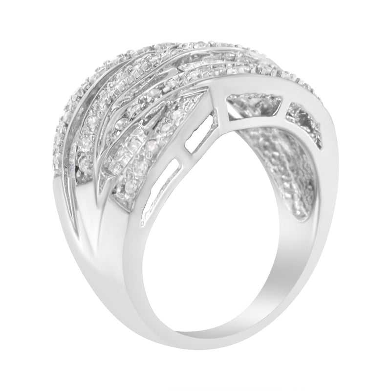 Bids.com .925 Sterling Silver 1.0 Cttw Channel Set Alternating Round and Baguette Diamond Cross-over Bypass Ring Band (I-J Color, I2-I3 Clarity) - Size 7 Rings