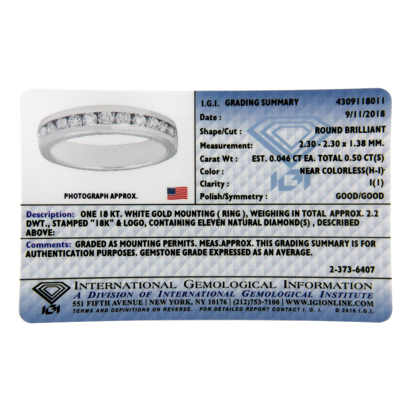 Bids.com IGI Certified 1/2 Cttw Round Brilliant Cut Diamond 18K White Gold Channel Set Eternity Style Wedding Band Ring (H-I Color, I1-I2 Clarity) - Size 7 Rings