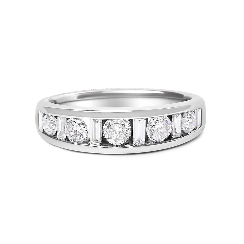 Bids.com 14K White Gold Alternating 1.0 Cttw Round and Baguette Diamond Channel Band Ring Rings