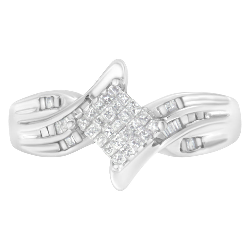 Bids.com 10K White Gold 1/3 Cttw Princess and Baguette Cut Diamond Bypass Style Cocktail Ring (I-J Color, I1-I2 Clarity) - Size 4 Rings