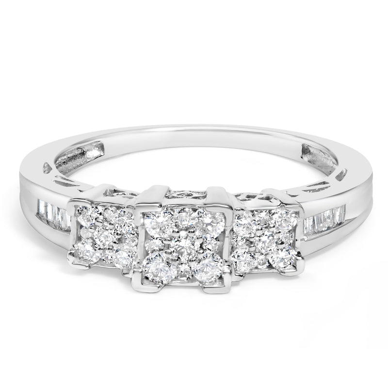 Bids.com 10K White Gold 1/2 Cttw Brilliant & Baguette Cut Diamond 3 Stone Design with 3 Square Clusters Engagement Ring (H-I Color, SI2-I1 Clarity) - Size 6-3/4 Rings