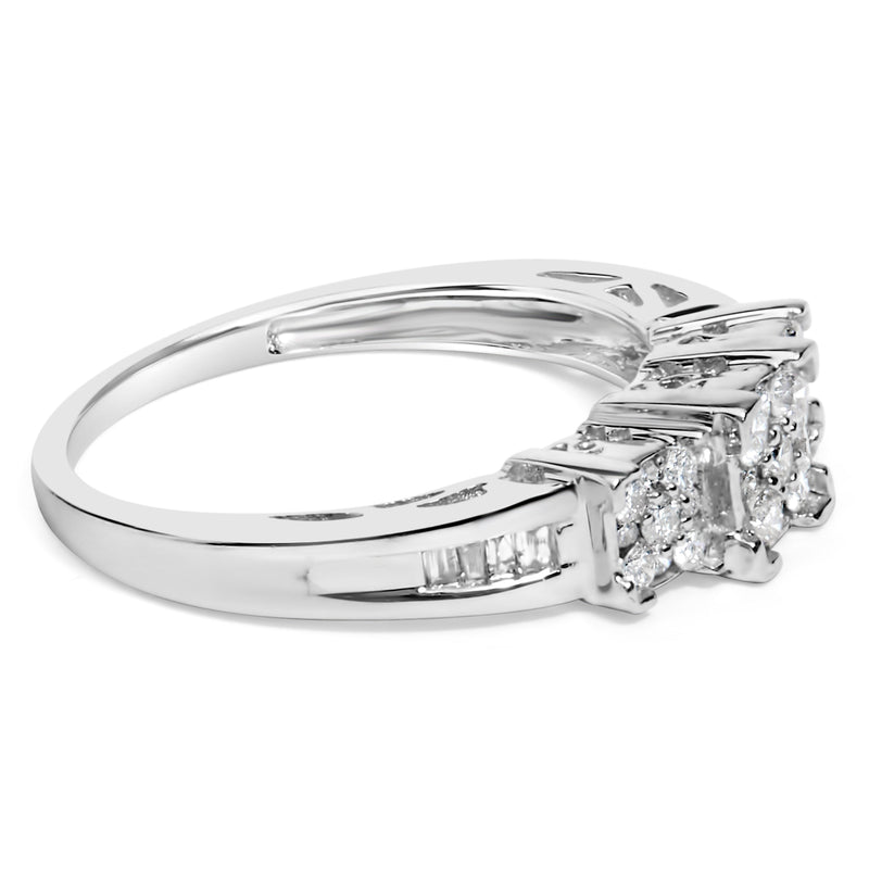 Bids.com 10K White Gold 1/2 Cttw Brilliant & Baguette Cut Diamond 3 Stone Design with 3 Square Clusters Engagement Ring (H-I Color, SI2-I1 Clarity) - Size 6-3/4 Rings