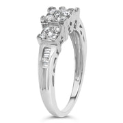 Bids.com 10K White Gold 1/2 Cttw Brilliant & Baguette Cut Diamond 3 Stone Design with 3 Square Clusters Engagement Ring (H-I Color, SI2-I1 Clarity) - Size 6-3/4 Rings