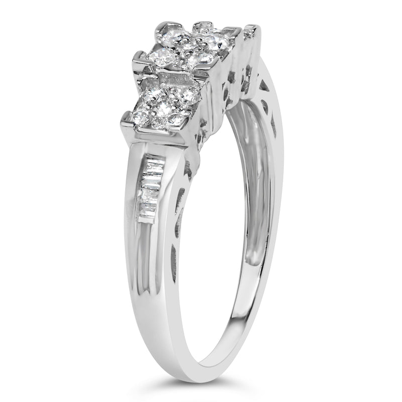 Bids.com 10K White Gold 1/2 Cttw Brilliant & Baguette Cut Diamond 3 Stone Design with 3 Square Clusters Engagement Ring (H-I Color, SI2-I1 Clarity) - Size 6-3/4 Rings