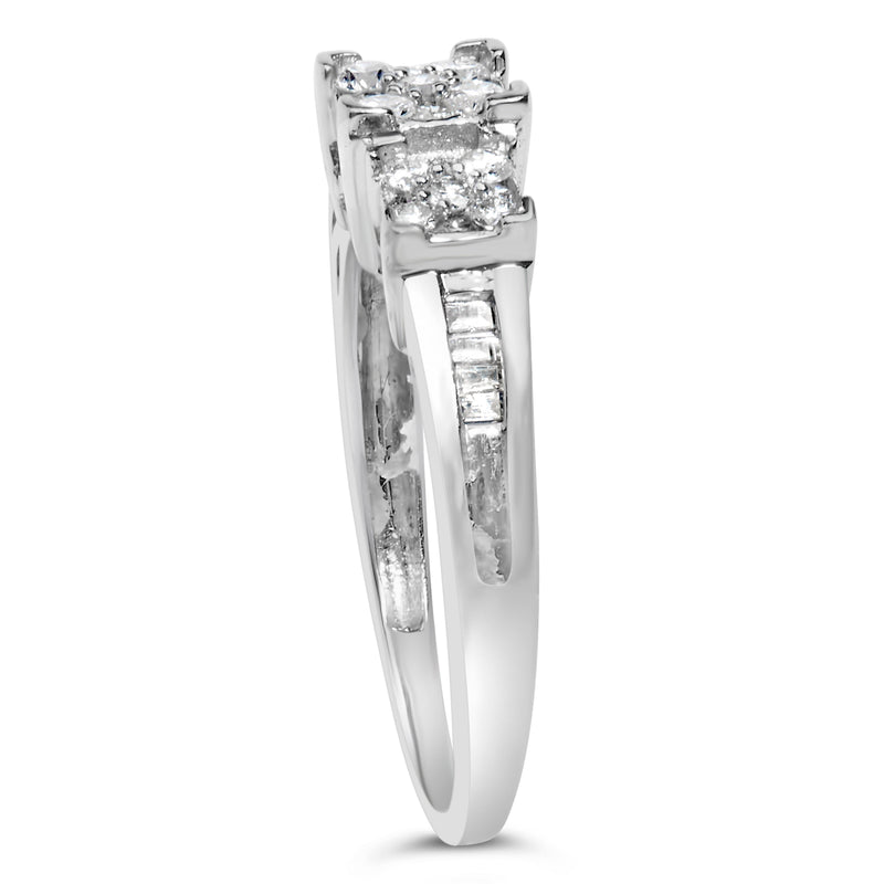 Bids.com 10K White Gold 1/2 Cttw Brilliant & Baguette Cut Diamond 3 Stone Design with 3 Square Clusters Engagement Ring (H-I Color, SI2-I1 Clarity) - Size 6-3/4 Rings