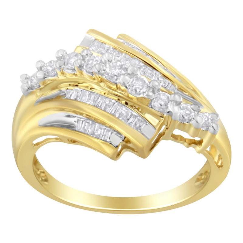 Bids.com 10K Yellow Gold Round and Baguette Diamond-Cut Ring (1/2 Cttw, I-J Color, I1-I2 Clarity) - Size 7 Rings