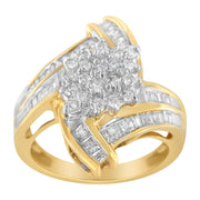 Bids.com 10K Yellow Gold Round and Baguette-Cut Diamond Bypass Cluster Ring (1.0 Cttw, I-J Color, I1-I2 Clarity) - Size 8 Rings