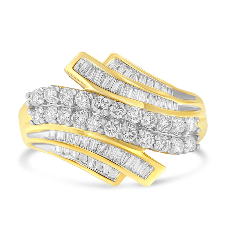 Bids.com 10K Yellow Gold 1.0 Cttw Round & Baguette Cut Diamond 64 Stone Bypass Style Channel Set Modern Statement Ring (H-I Color, SI1-SI2 Clarity) - Size 6 Rings
