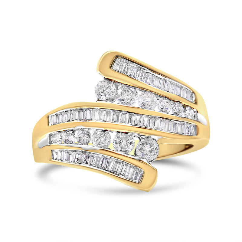 Bids.com 10K Yellow Gold 1 Cttw Round and Baguette-Cut Diamond Multi Row Bypass Ring Band (H-I Color, I1-I2 Clarity) - Ring Size 7 Rings