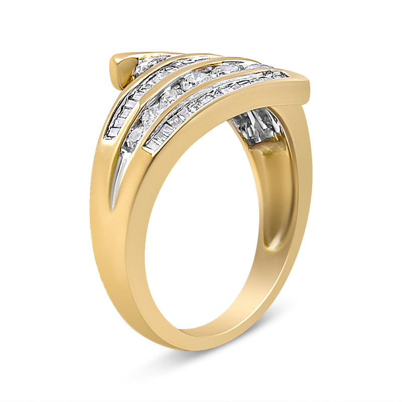 Bids.com 10K Yellow Gold 1 Cttw Round and Baguette-Cut Diamond Multi Row Bypass Ring Band (H-I Color, I1-I2 Clarity) - Ring Size 7 Rings