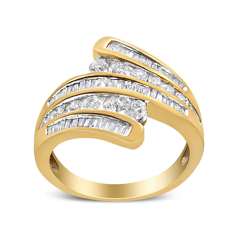 Bids.com 10K Yellow Gold 1 Cttw Round and Baguette-Cut Diamond Multi Row Bypass Ring Band (H-I Color, I1-I2 Clarity) - Ring Size 7 Rings