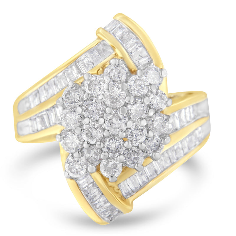 Bids.com 10K Yellow Gold Round and Baguette Diamond Crossover Cluster Ring (3 Cttw, I-J Color, I1-I2 Clarity) - Size 7-1/2 Rings