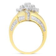 Bids.com 10K Yellow Gold Round and Baguette Diamond Crossover Cluster Ring (3 Cttw, I-J Color, I1-I2 Clarity) - Size 7-1/2 Rings