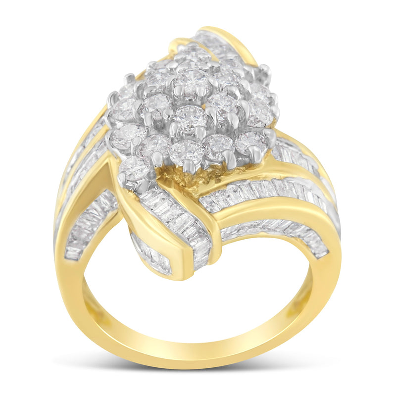 Bids.com 10K Yellow Gold Round and Baguette Diamond Crossover Cluster Ring (3 Cttw, I-J Color, I1-I2 Clarity) - Size 7-1/2 Rings