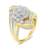 Bids.com 10K Yellow Gold Round and Baguette Diamond Crossover Cluster Ring (3 Cttw, I-J Color, I1-I2 Clarity) - Size 7-1/2 Rings