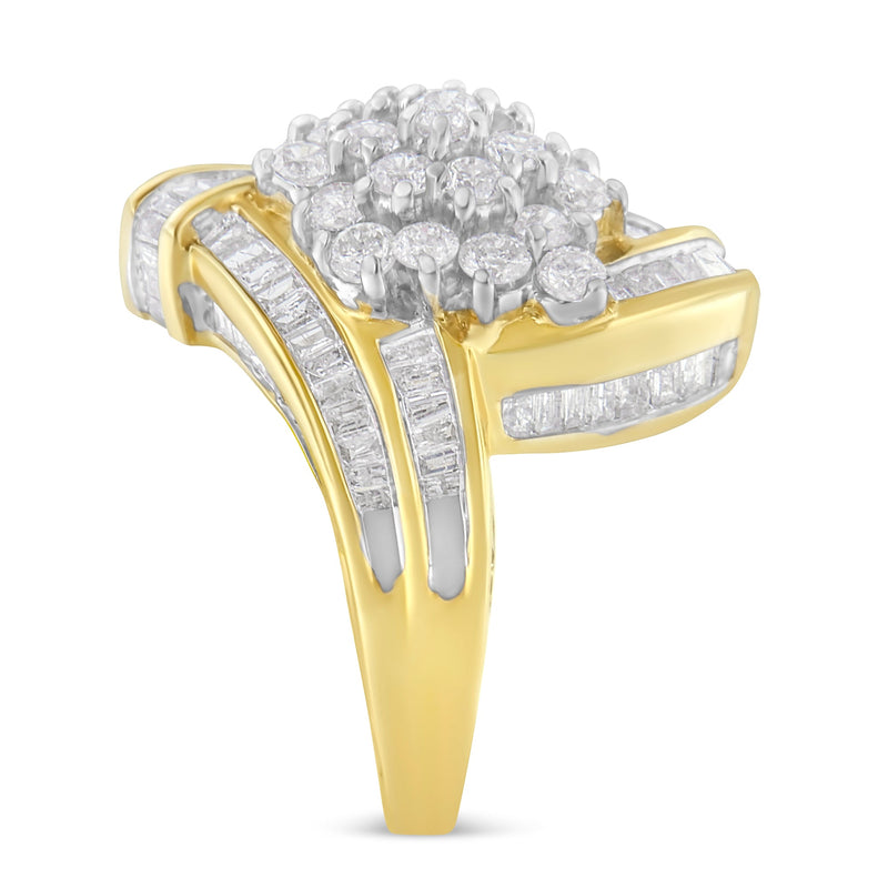 Bids.com 10K Yellow Gold Round and Baguette Diamond Crossover Cluster Ring (3 Cttw, I-J Color, I1-I2 Clarity) - Size 7-1/2 Rings