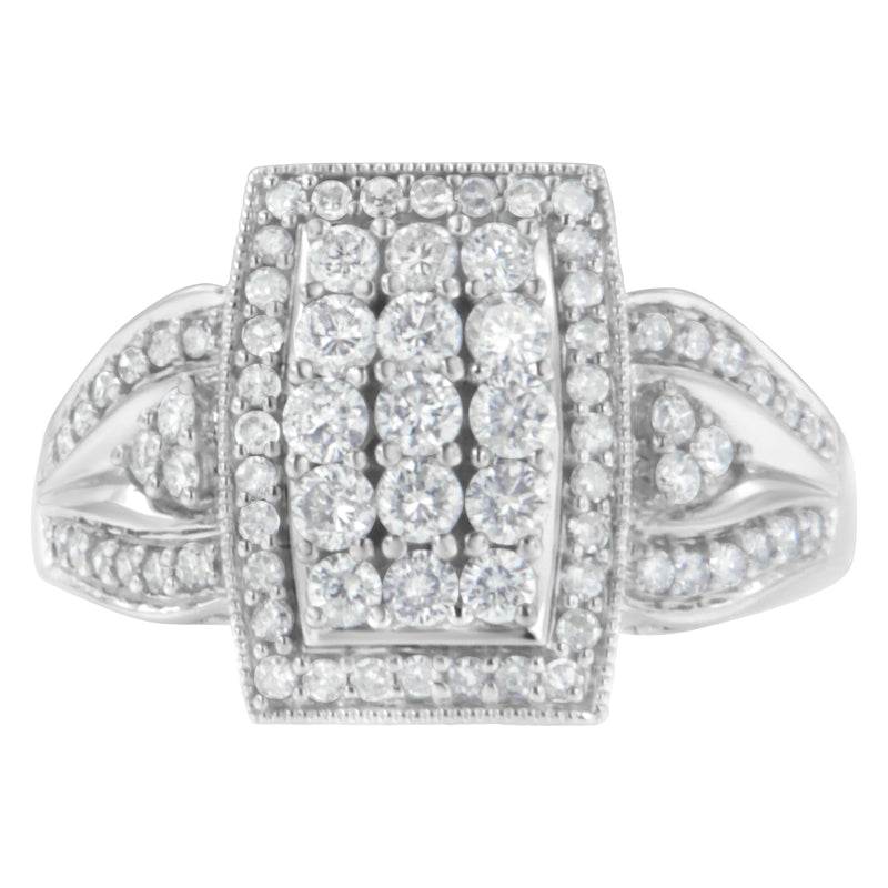 Bids.com 10K White Gold 1.0 Cttw Diamond Rectangular Cushion Shaped Cluster Halo Flared Band Cocktail Fashion Ring (H-I Color, SI2-I1 Clarity) - Size 7 Rings