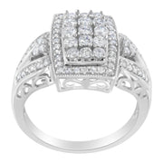 Bids.com 10K White Gold 1.0 Cttw Diamond Rectangular Cushion Shaped Cluster Halo Flared Band Cocktail Fashion Ring (H-I Color, SI2-I1 Clarity) - Size 7 Rings