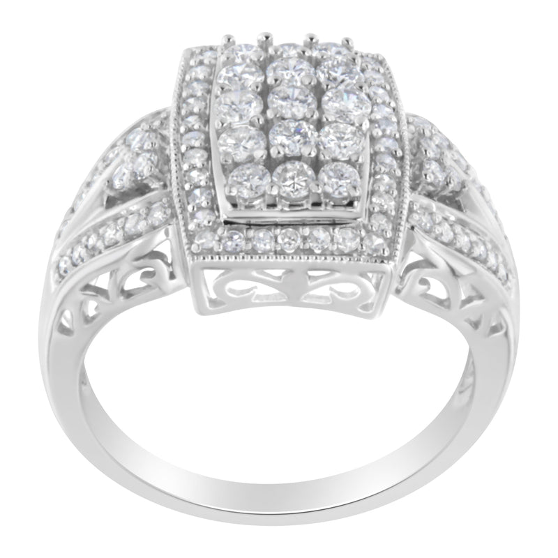 Bids.com 10K White Gold 1.0 Cttw Diamond Rectangular Cushion Shaped Cluster Halo Flared Band Cocktail Fashion Ring (H-I Color, SI2-I1 Clarity) - Size 7 Rings