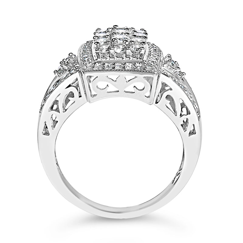 Bids.com 10K White Gold 1.0 Cttw Diamond Rectangular Cushion Shaped Cluster Halo Flared Band Cocktail Fashion Ring (H-I Color, SI2-I1 Clarity) - Size 7 Rings