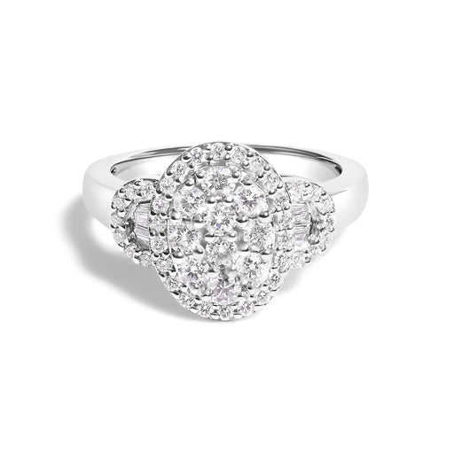 Bids.com 10K White Gold 1.0 Cttw Diamond Oval Cluster with Halo Vintage-Inspired Art Deco 3 Stone Style Statement Ring (G-H Color, SI1-SI2 Clarity) - Size 7 Rings