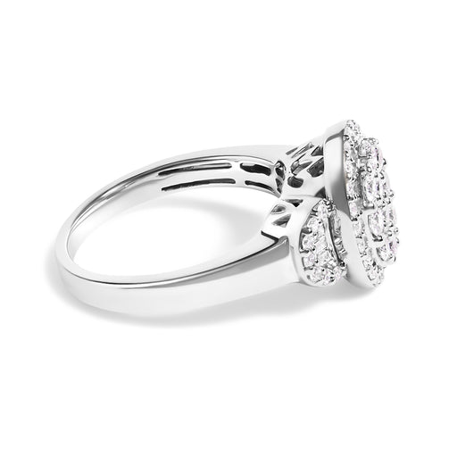 Bids.com 10K White Gold 1.0 Cttw Diamond Oval Cluster with Halo Vintage-Inspired Art Deco 3 Stone Style Statement Ring (G-H Color, SI1-SI2 Clarity) - Size 7 Rings