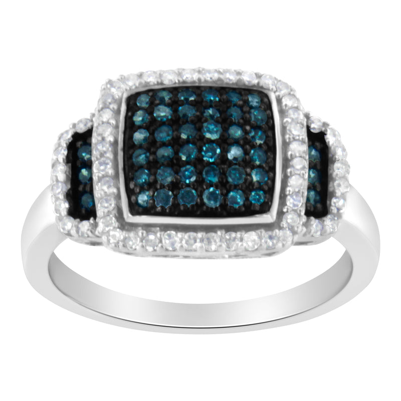 Bids.com Black Rhodium Plated .925 Sterling Silver 1/2 Cttw White & Blue Diamond Square Halo Cocktail Ring (Fancy Blue & H-I Color, I2-I3 Clarity) - SIze 6 Rings