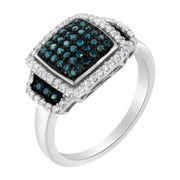 Bids.com Black Rhodium Plated .925 Sterling Silver 1/2 Cttw White & Blue Diamond Square Halo Cocktail Ring (Fancy Blue & H-I Color, I2-I3 Clarity) - SIze 6 Rings