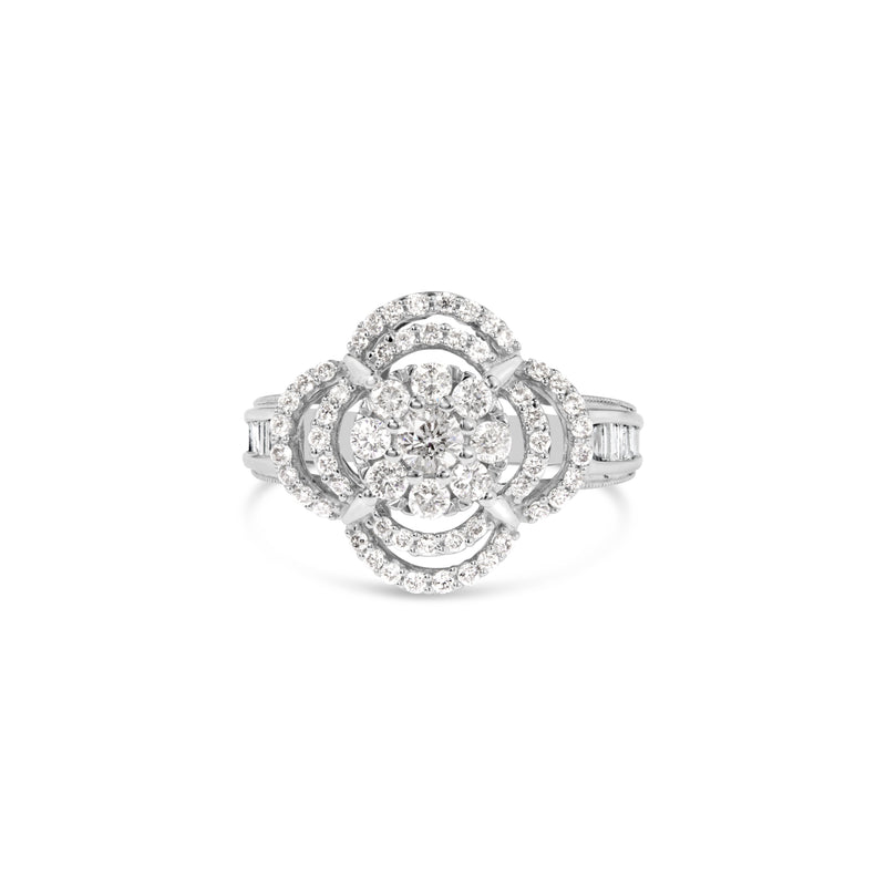 Bids.com 14K White Gold 1.0 Cttw Round & Baguette Cut Diamond Floral Cluster Quatrefoil Channel Set Band Cocktail Statement Ring (H-I Color, SI2-I1 Clarity) - Size 6-3/4 Rings