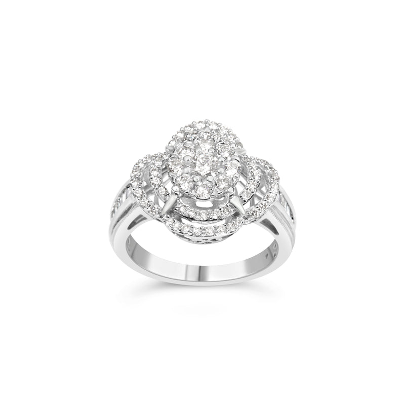 Bids.com 14K White Gold 1.0 Cttw Round & Baguette Cut Diamond Floral Cluster Quatrefoil Channel Set Band Cocktail Statement Ring (H-I Color, SI2-I1 Clarity) - Size 6-3/4 Rings