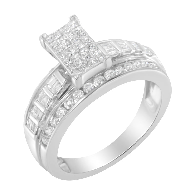 Bids.com 14K White Gold 1.0 Cttw Mixed-Cut Diamond Rectangle Invisible-Set Composite Cluster Ring with Bar- and Channel-Set Band (H-I Color, SI2-I1 Clarity) - Size 7 Rings