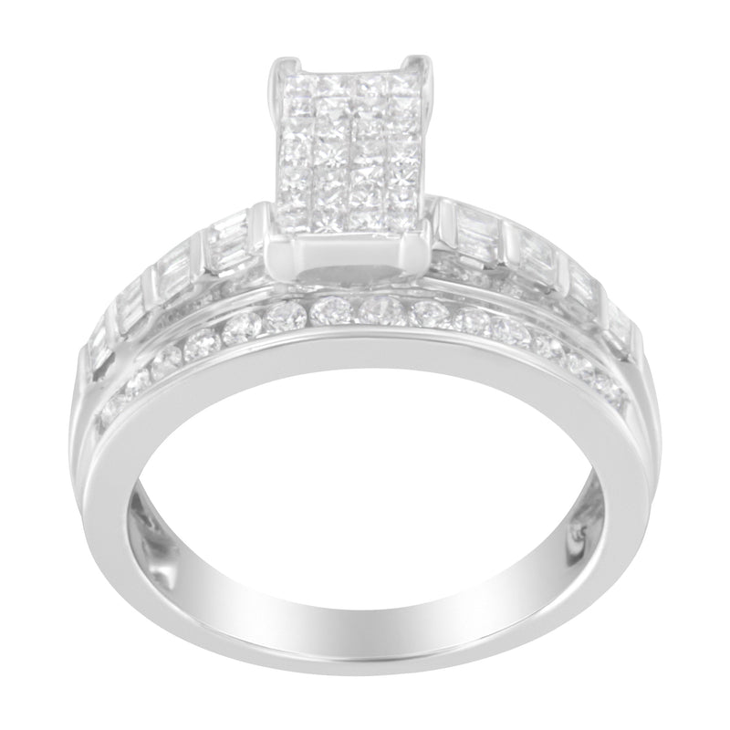 Bids.com 14K White Gold 1.0 Cttw Mixed-Cut Diamond Rectangle Invisible-Set Composite Cluster Ring with Bar- and Channel-Set Band (H-I Color, SI2-I1 Clarity) - Size 7 Rings