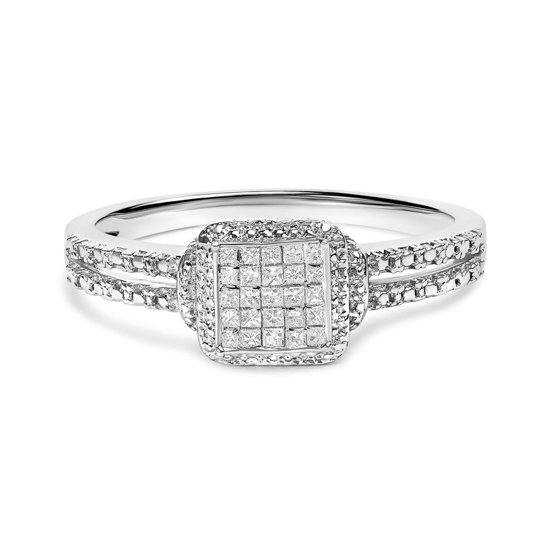 Bids.com .925 Sterling Silver 1/4 Cttw Princess-cut Diamond Composite Ring with Beaded Halo (H-I Color, SI1-SI2 Clarity) - Size 7 Rings