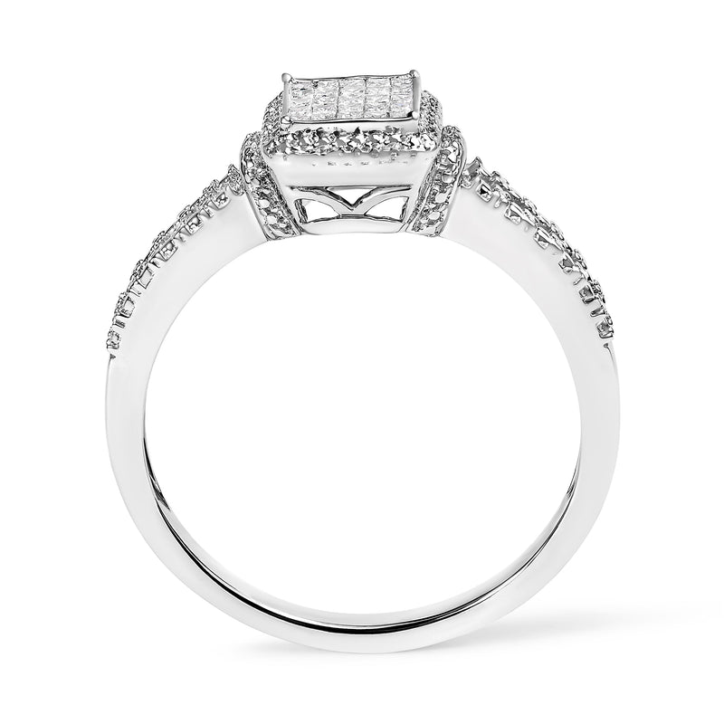 Bids.com .925 Sterling Silver 1/4 Cttw Princess-cut Diamond Composite Ring with Beaded Halo (H-I Color, SI1-SI2 Clarity) - Size 7 Rings