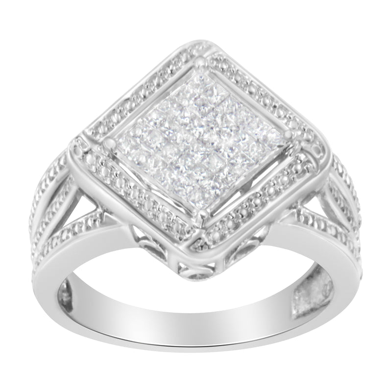 Bids.com .925 Sterling Silver 2/5 Cttw Princess Cut Diamond Square On Point Cluster Composite Cocktail Ring (H-I Color, SI1-SI2 Clarity) - Size 6 Rings