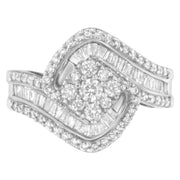 Bids.com 14K White Gold 1 Cttw Baguette and Round Diamond Floral Swirl Cluster Cocktail Ring Rings