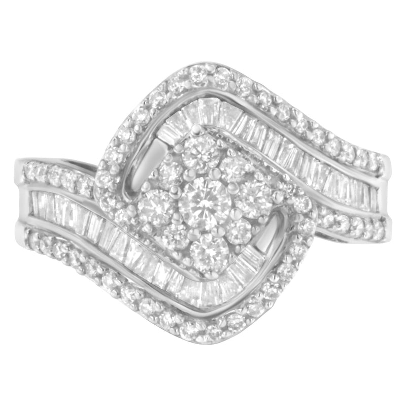 Bids.com 14K White Gold 1 Cttw Baguette and Round Diamond Floral Swirl Cluster Cocktail Ring Rings