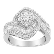 Bids.com 14K White Gold 1 Cttw Baguette and Round Diamond Floral Swirl Cluster Cocktail Ring Rings