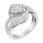 Bids.com 14K White Gold 1 Cttw Baguette and Round Diamond Floral Swirl Cluster Cocktail Ring Rings