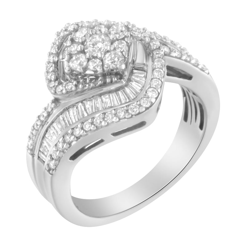 Bids.com 14K White Gold 1 Cttw Baguette and Round Diamond Floral Swirl Cluster Cocktail Ring Rings