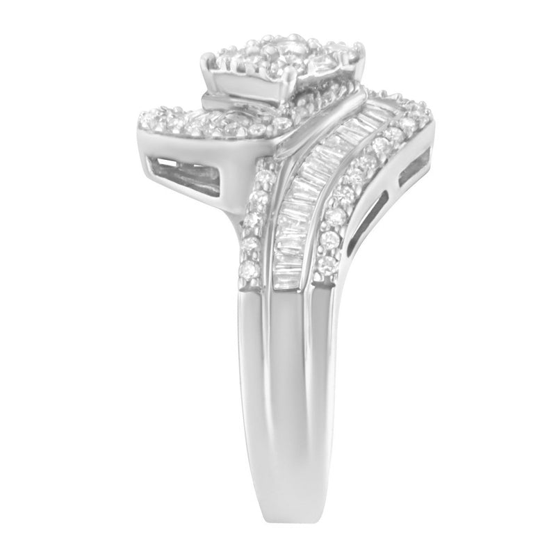 Bids.com 14K White Gold 1 Cttw Baguette and Round Diamond Floral Swirl Cluster Cocktail Ring Rings