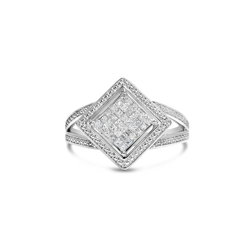 Bids.com .925 Sterling Silver 1/3 Cttw Invisible Set Princess-Cut Diamond Rhombus and Beaded Halo Ring (H-I Color, SI1-SI2 Clarity) - Ring Size 7 Rings