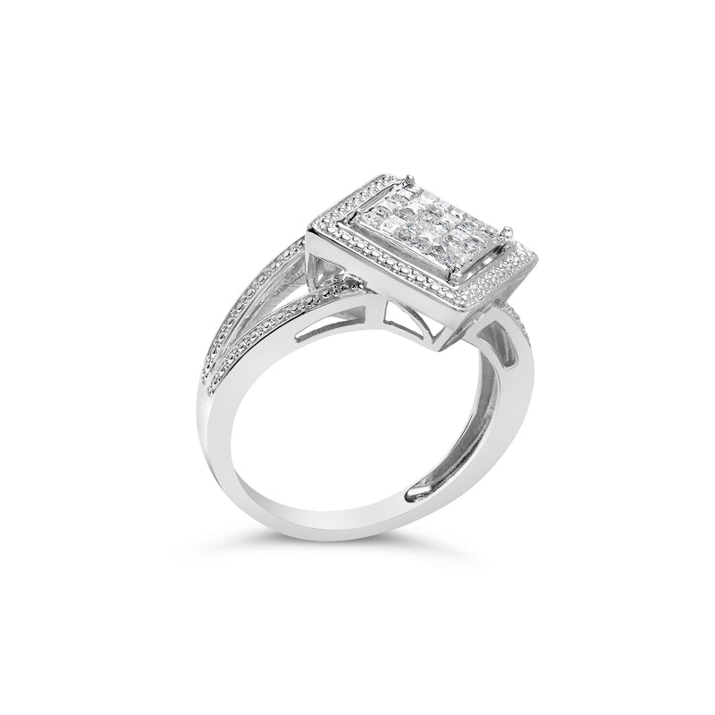 Bids.com .925 Sterling Silver 1/3 Cttw Invisible Set Princess-Cut Diamond Rhombus and Beaded Halo Ring (H-I Color, SI1-SI2 Clarity) - Ring Size 7 Rings