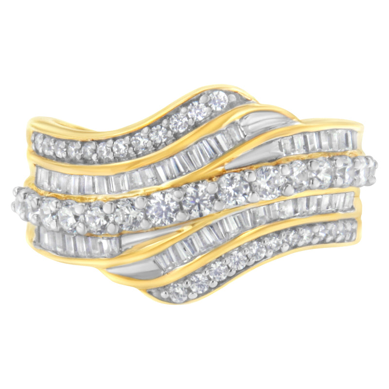Bids.com 10K Yellow Gold 1.0 Cttw Baguette and Round Diamond Multi-Row Wave Bypass Ring (I-J Color, I1-I2 Clarity) - Ring Size 7 Rings