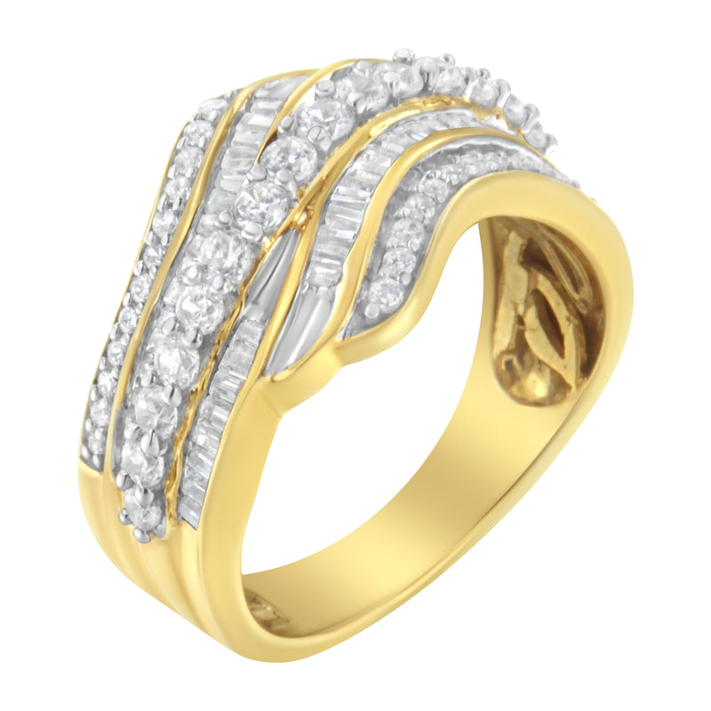 Bids.com 10K Yellow Gold 1.0 Cttw Baguette and Round Diamond Multi-Row Wave Bypass Ring (I-J Color, I1-I2 Clarity) - Ring Size 7 Rings